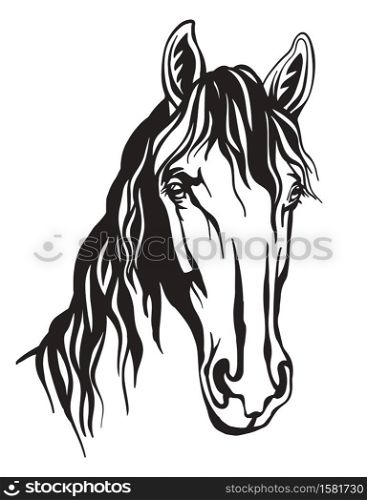 Decorative monochrome portrait of horse vector illustration isolated on white background. Engraving template image for design, home decor, porcelain, print and tattoo.. Abstract portrait of line monochrome contour horse