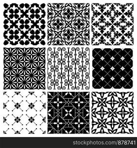 Decorative monochrome tile vintage patterns. Vector mediterranean, moroccan or spanish black print tiles. Decorative monochrome tile vintage patterns