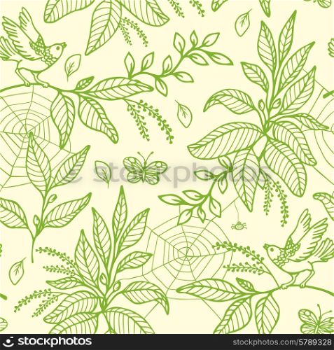 Decorative nature vector green seamless pattern with plants and birds