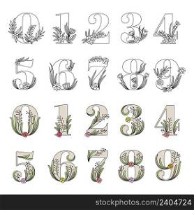 Decorative numbers. Floral alphabet botanical flowers stylized symbols for lettering recent vector numbers collection. Illustration botanical numbers floral blossom. Decorative numbers. Floral alphabet botanical flowers stylized symbols for lettering recent vector numbers collection