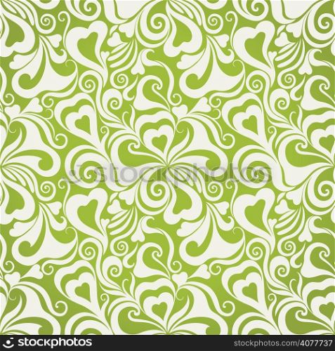 Decorative olive curly seamless background with flowers and hearts