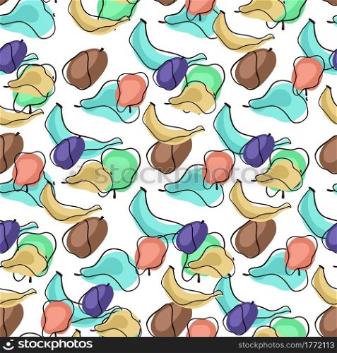 Decorative organic seamless pattern with random apples, bananas, pears and plums silhouettes. White background. Designed for fabric design, textile print, wrapping, cover. Vector illustration.. Decorative organic seamless pattern with random apples, bananas, pears and plums silhouettes.