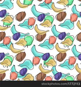 Decorative organic seamless pattern with random apples, bananas, pears and plums silhouettes. White background. Designed for fabric design, textile print, wrapping, cover. Vector illustration.. Decorative organic seamless pattern with random apples, bananas, pears and plums silhouettes.