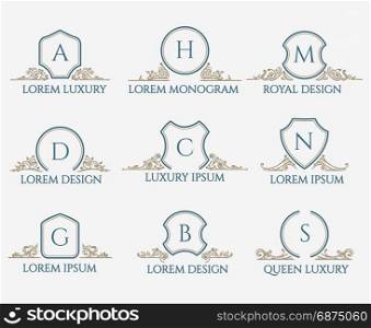Decorative ornament text signs. Decorative ornament text signs for luxury logo or classic signage with heraldry shields elements for royal logotypes vector illustration