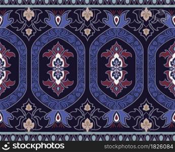 Decorative ornamental border. Arabian seamless pattern. Blue ethnic wallpaper. Dark blue geometric pattern. Indian textile design. Turkish tile wallpaper. Asian decoupage ornament.