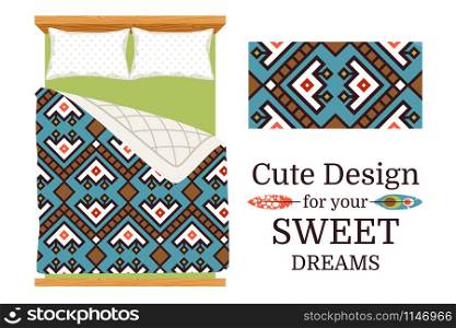 Decorative ornamental pattern sample and the example of usage as bed sheets. Cute design for your sweet dreams vector illustration. Decorative ornamental pattern for bed sheets