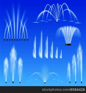 Decorative outdoor water jets fountains set of 7 various shapes size range against blue background vector illustration . Realistic Fountain Set