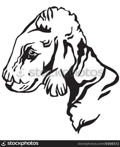 Decorative outline portrait of Dog Bedlington Terrier looking in profile, vector illustration in black color isolated on white background. Image for design and tattoo.