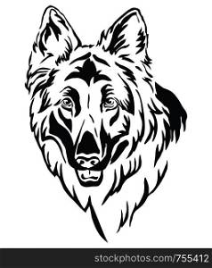 Decorative outline portrait of Dog Longhaired German Shepherd, vector illustration in black color isolated on white background. Image for design and tattoo.
