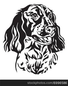 Decorative outline portrait of Dog Russian Spaniel, vector illustration in black color isolated on white background. Image for design and tattoo.