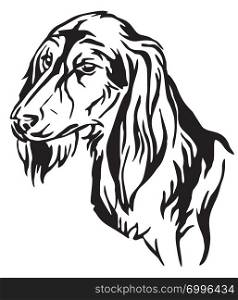 Decorative outline portrait of Dog Saluki in profile, vector illustration in black color isolated on white background. Image for design and tattoo.