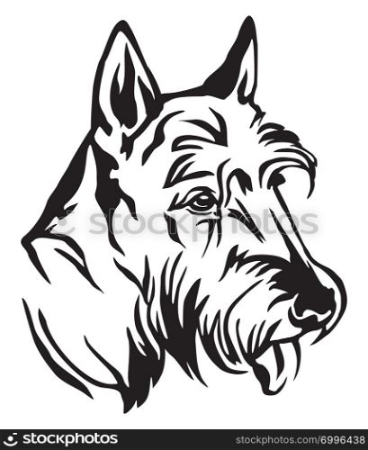 Decorative outline portrait of Dog Scottish Terrier in profile, vector illustration in black color isolated on white background. Image for design and tattoo.