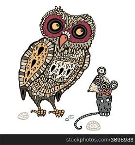 Decorative Owl and Mouse. Funny cartoon illustration.