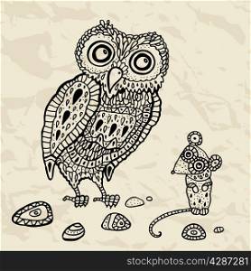 Decorative Owl and Mouse. Funny cartoon illustration.