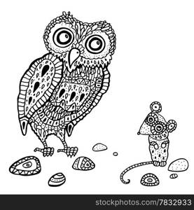 Decorative Owl and Mouse. Funny cartoon illustration.