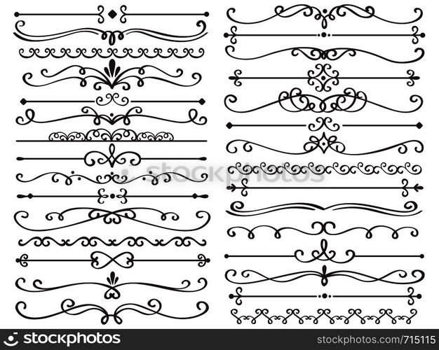 Decorative page divider. Vintage decor lines, luxury wedding frame line and ornate swirl dividers. Border frames, ornate swirls floral pages divider. Calligraphic isolated vector icons set. Decorative page divider. Vintage decor lines, luxury wedding frame line and ornate swirl dividers isolated vector set