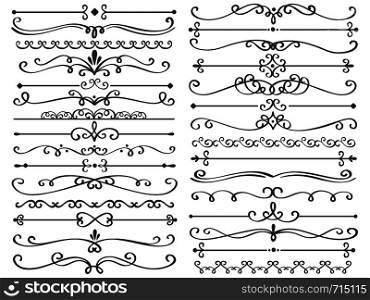 Decorative page divider. Vintage decor lines, luxury wedding frame line and ornate swirl dividers. Border frames, ornate swirls floral pages divider. Calligraphic isolated vector icons set. Decorative page divider. Vintage decor lines, luxury wedding frame line and ornate swirl dividers isolated vector set