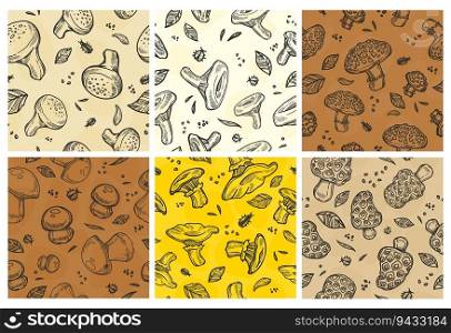Decorative pattern set with hand drawn mushrooms. Colorful background decoration with natural ingredients, vector illustration. Seasonal sketch food at seamless banner design collection. Decorative pattern set with hand drawn mushrooms