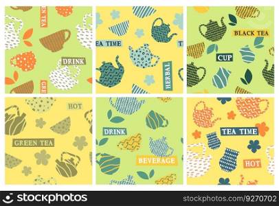 Decorative pattern set with teacup and kettle. Natural hot drink at background decoration collection, vector illustration. Seamless banner with tea time sign, flower and leaves elements. Decorative pattern set with tea cup and kettle