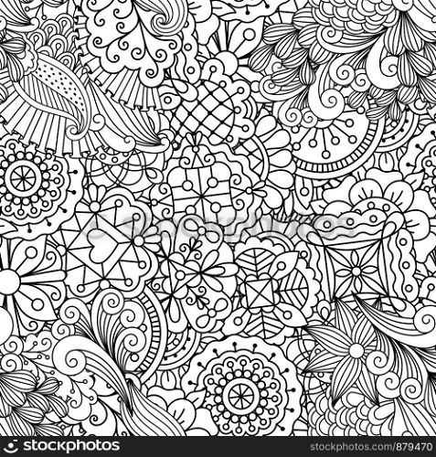 Decorative pattern with linear different shape flowers and leaves. Adult coloring background, vector illustration. Decorative pattern with linear flowers