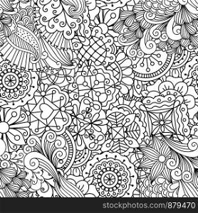 Decorative pattern with linear different shape flowers and leaves. Adult coloring background, vector illustration. Decorative pattern with linear flowers