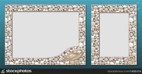 Decorative photo frames template, vector set. Frame border design with natural stone or cobble texture and seashells. For picture, image, banner, poster, card decor, paper print