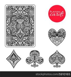 Decorative playing card suits set with hand drawn ornament isolated vector illustration. Decorative Card Suits Set