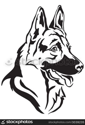 Decorative portrait in profile of dog German shepherd, vector isolated illustration in black color on white background. Decorative portrait of German shepherd in profile, vector illust