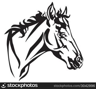 Decorative portrait in profile of foal, vector isolated illustration in black color on white background. Image for design and tattoo.