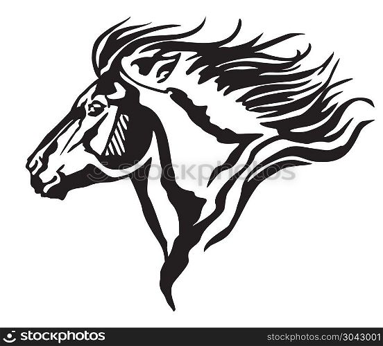 Decorative portrait in profile of running pony with long mane, vector isolated illustration in black color on white background. Image for design and tattoo. 