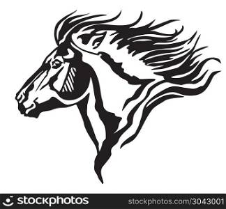 Decorative portrait in profile of running pony with long mane, vector isolated illustration in black color on white background. Image for design and tattoo.