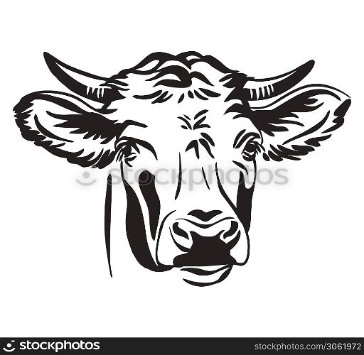 Decorative portrait of bull vector illustration in black color isolated on white background. Engraving template image for design, print and tattoo.. Abstract contour portrait of the bull vector