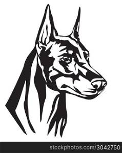 Decorative portrait of Dog Dobermann, vector isolated illustration in black color on white background. Image for design and tattoo. . Decorative portrait of Dog Dobermann vector illustration
