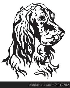 Decorative portrait of Dog English Setter, vector isolated illustration in black color on white background. Image for design and tattoo. . Decorative portrait of Dog English Setter vector illustration