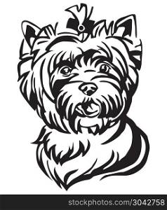 Decorative portrait of Dog Yorkshire Terrier, vector isolated illustration in black color on white background. Image for design and tattoo. . Decorative portrait of Dog Yorkshire Terrier vector illustration
