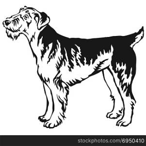 Decorative portrait of standing in profile Airedale Terrier, vector isolated illustration in black color on white background