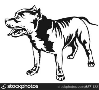 Decorative portrait of standing in profile American Pit Bull Terrier, vector isolated illustration in black color on white background