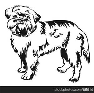Decorative portrait of standing in profile dog Brussels Griffon, vector isolated illustration in black color on white background