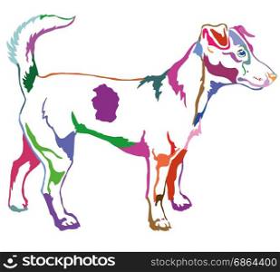 Decorative portrait of standing in profile dog Jack Russell terrier, vector isolated illustration in different colors on white background