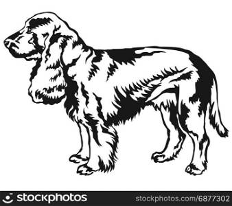 Decorative portrait of standing in profile Field Spaniel, vector isolated illustration in black color on white background