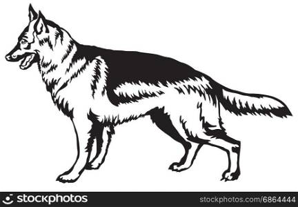 Decorative portrait of standing in profile german shepherd, vector isolated illustration in black color on white background