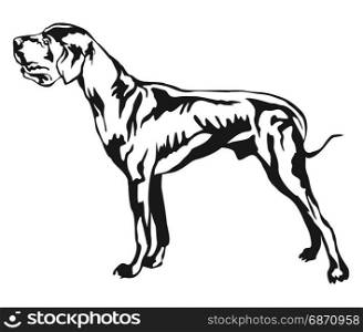 Decorative portrait of standing in profile Great Dane, vector isolated illustration in black color on white background