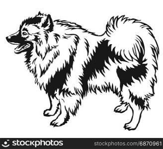 Decorative portrait of standing in profile Keeshound, vector isolated illustration in black color on white background