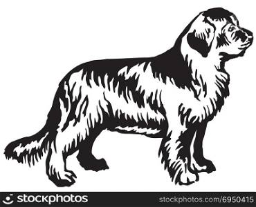 Decorative portrait of standing in profile Newfoundland dog, vector isolated illustration in black color on white background