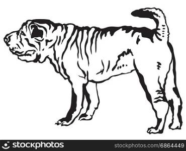 Decorative portrait of standing in profile Shar Pei, vector isolated illustration in black color on white background