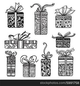 Decorative presents boxes set black doodle . Holiday season presents and gifts boxes wrapped in festive doodle style paper pictograms collection isolated vector illustration