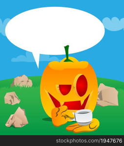 Decorative pumpkin for Halloween holding a cup of coffee as a cartoon character with face. Vector Illustration.