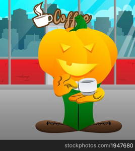 Decorative pumpkin for Halloween holding a cup of coffee as a cartoon character with face. Vector Illustration.