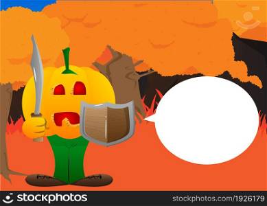Decorative pumpkin for Halloween holding a sword and shield as a cartoon character with face. Vector Illustration.