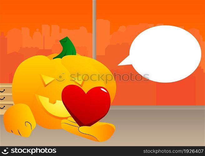 Decorative pumpkin for Halloween holding red heart in his hand as a cartoon character with face. Vector Illustration.